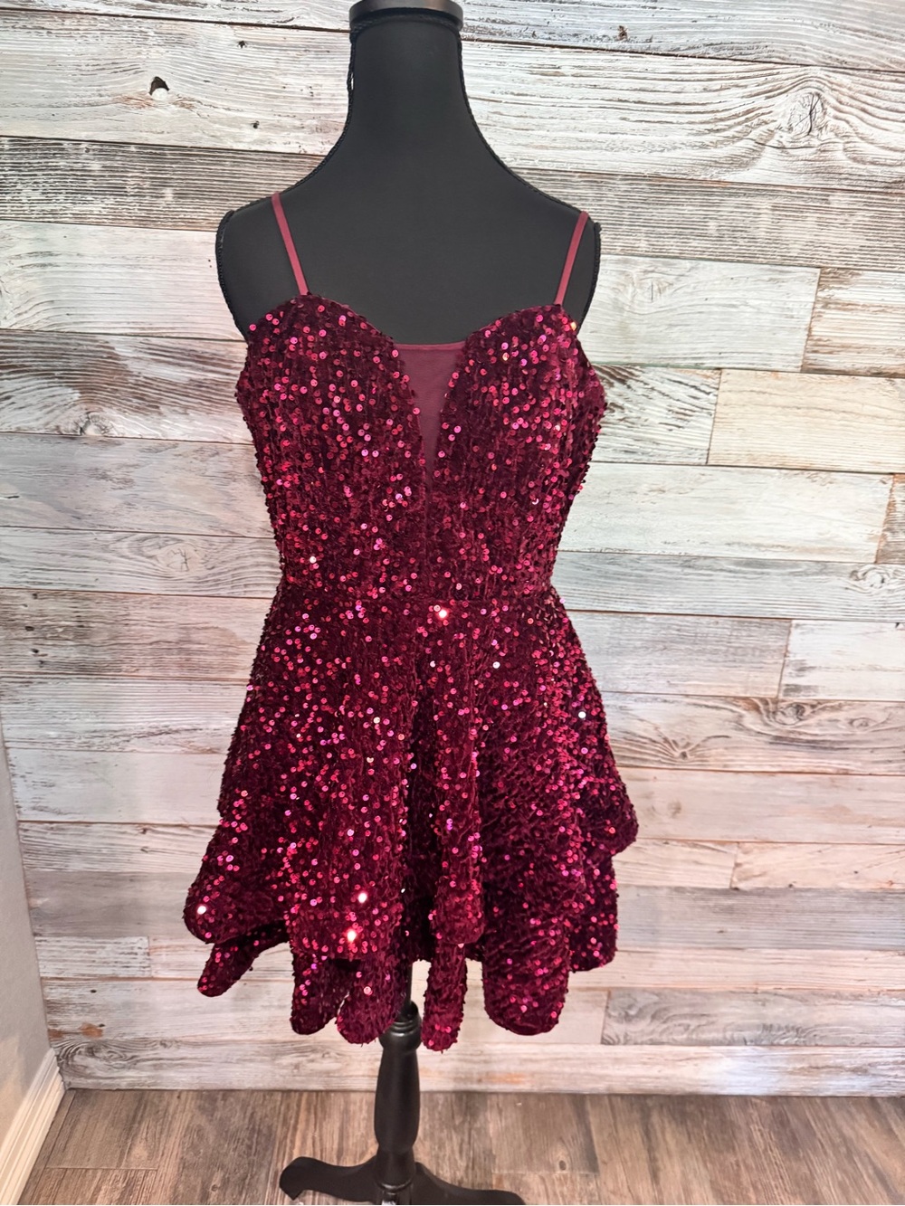 NWT Burgundy Sequin Adjustable Spaghetti Strap Mini Dress